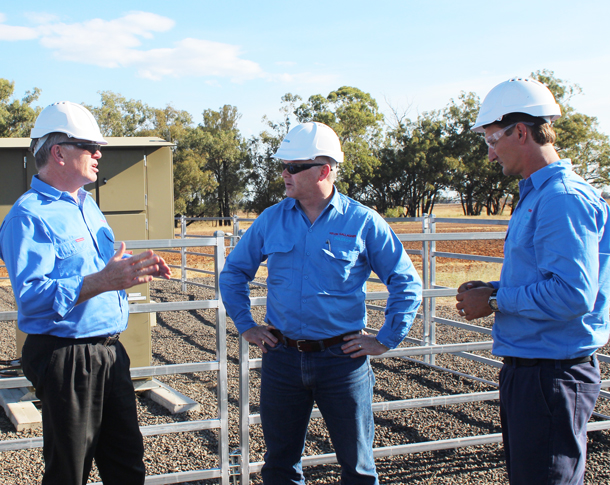 ENSW General Manager, Peter Mitchley and Narrabri Operations Manager, Todd Dunn in the field with Santos CEO, Kevin Gallagher (centre)