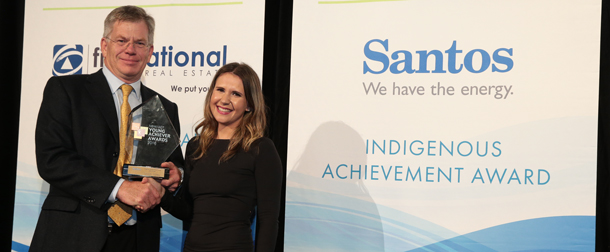 NSW/ACT Indigenous Young Achiever, Danielle Hobday, receives her award from Santos General Manager of Energy NSW, Peter Mitchley