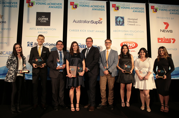 Acting Premier, Troy Grant, pictured with the category finalists and overall NSW/ACT Young Achiever winner, Grace Liley